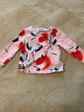 Molo Pink and Red Crane Print Ruffle Top
